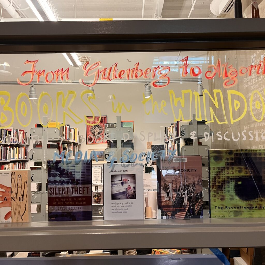 A book display on a window of a library
